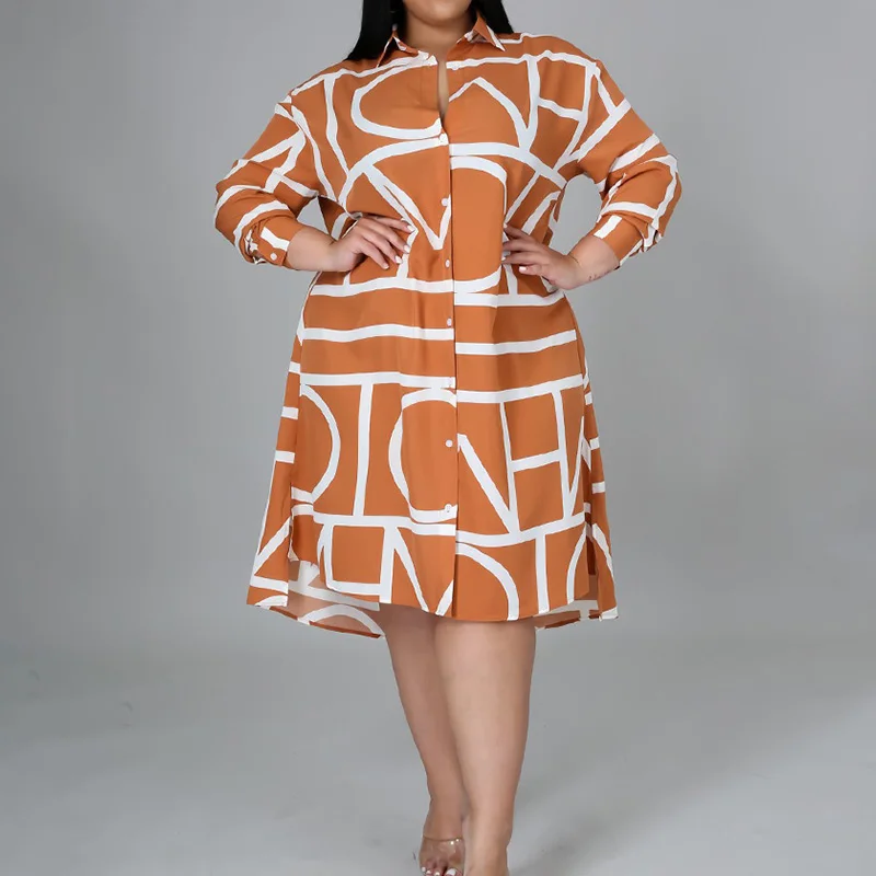 Plus Size Clothes Women Spring Geometric Print Long Sleeve Shirt Skirt Simplicity Fashion Turn-down Collar Loose Irregular Dress