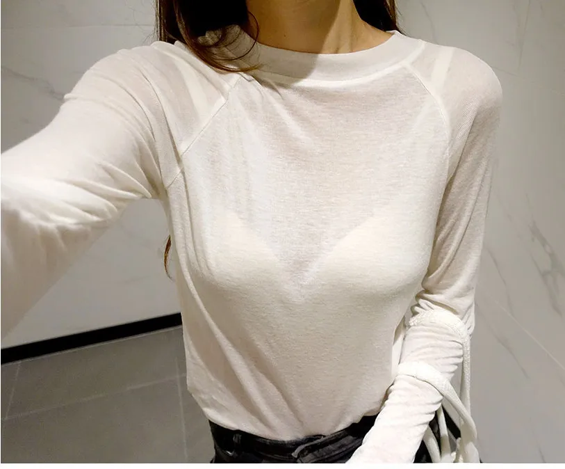 Frauen Langarm Blau T-shirt Frühling Sommer Grundlegende Tops Lose Dünne Sexy Einfarbig Baumwolle T Mode Femme – Detail 22