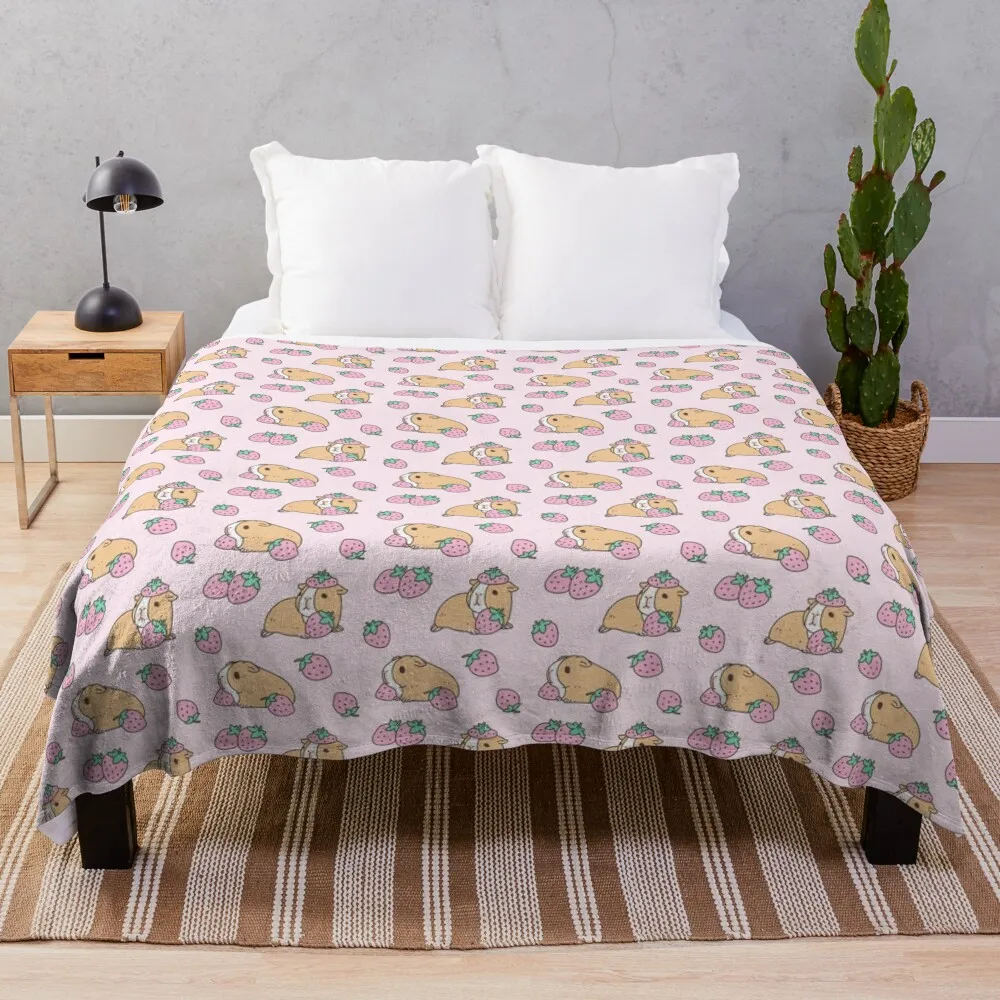 

Pink Guinea Pig and Strawberry Pattern Throw Blanket Camping Nap manga Summer Beddings Blankets