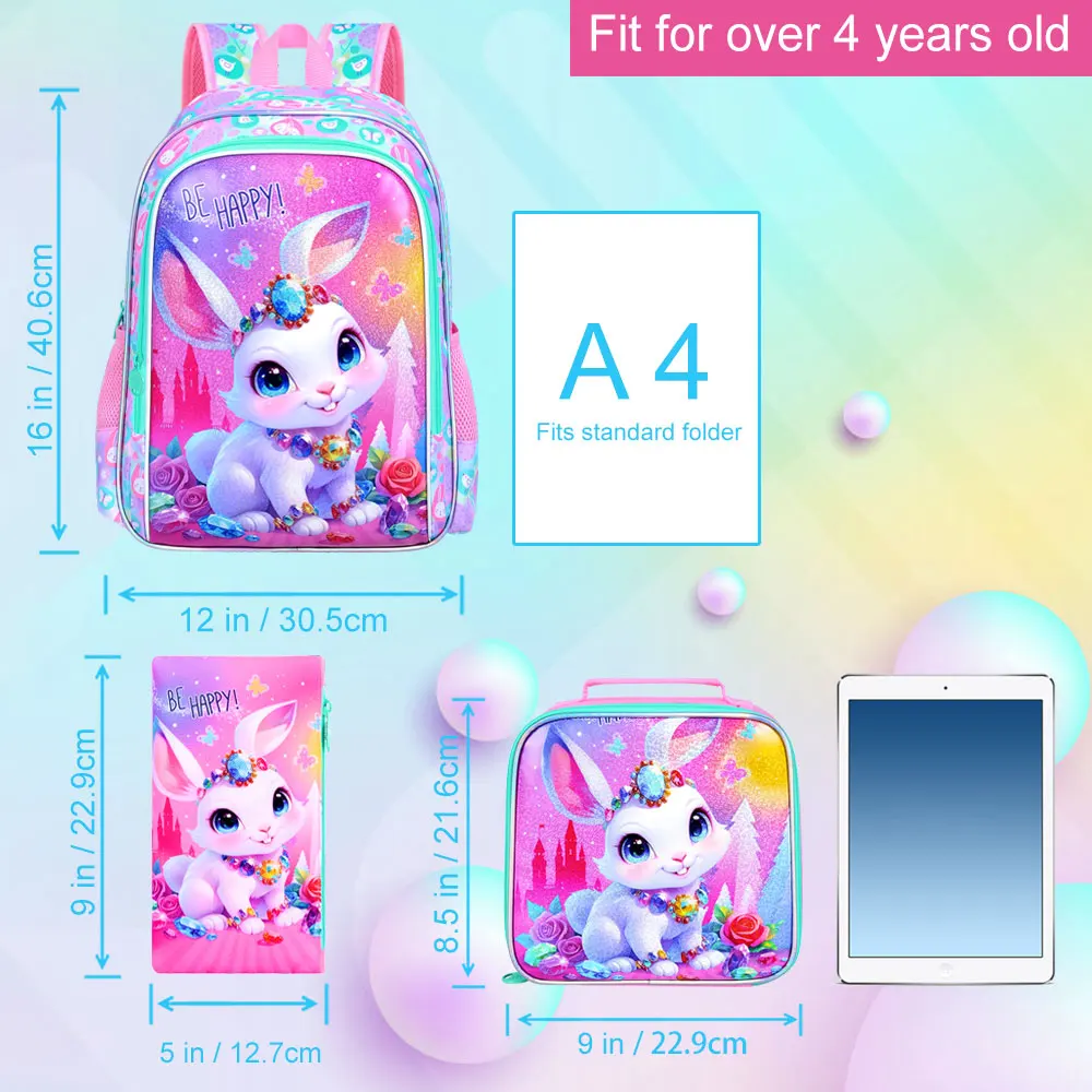 3Pcs Backpack for Girls, 16" Kids Bookbag with Lunch Box，School Backpacks for Elementary Preschool Kindergarten 2