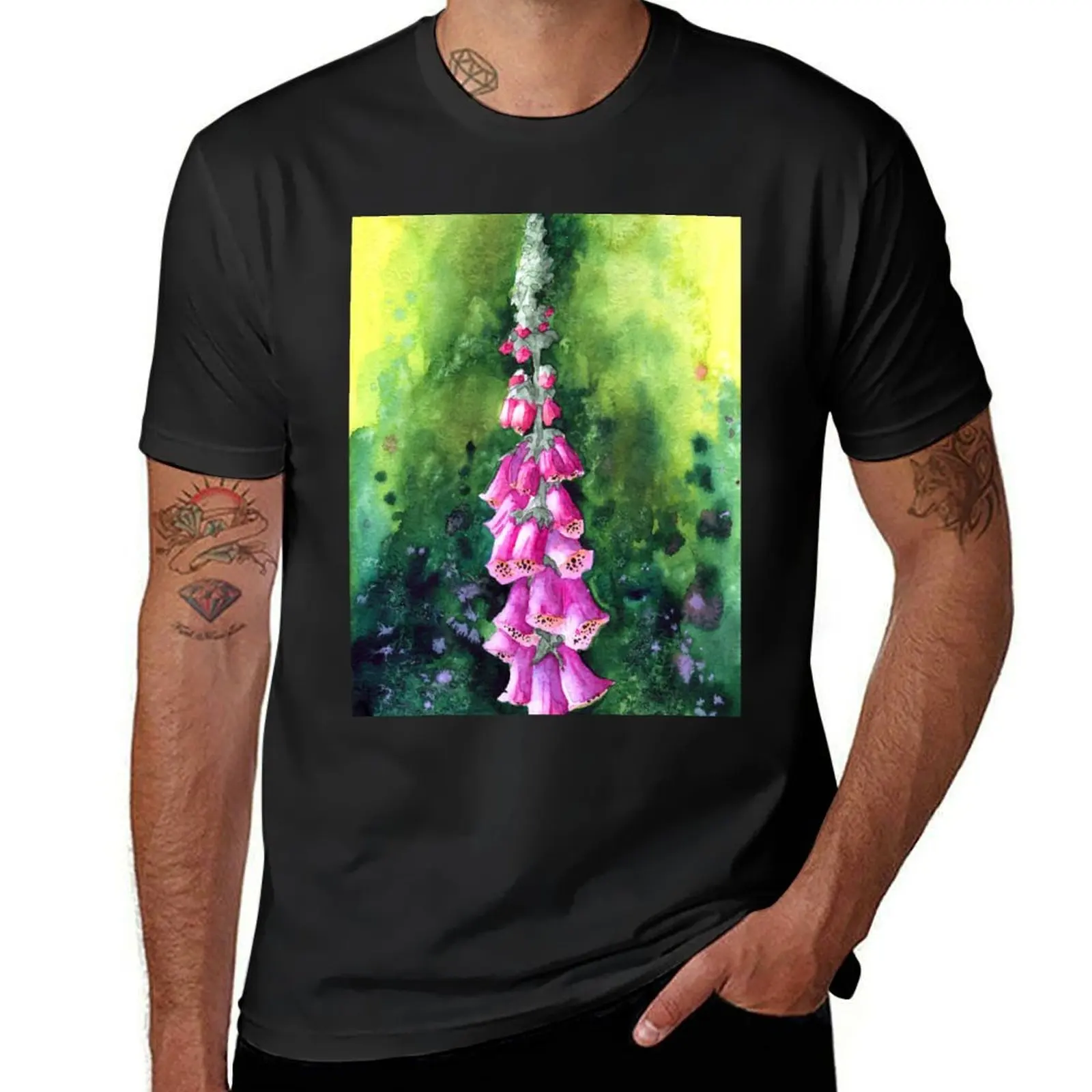 

Foxglove flower in watercolor, green and pink, summer print T-Shirt Short sleeve tee plain black t shirts men