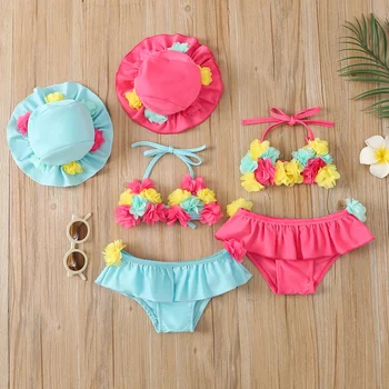 Costume da bagno da spiaggia per neonata, top con scollo all'americana a fiori + pantaloncini con volant + cuffia da bagno, costume da bagno estivo da 3 pezzi 1