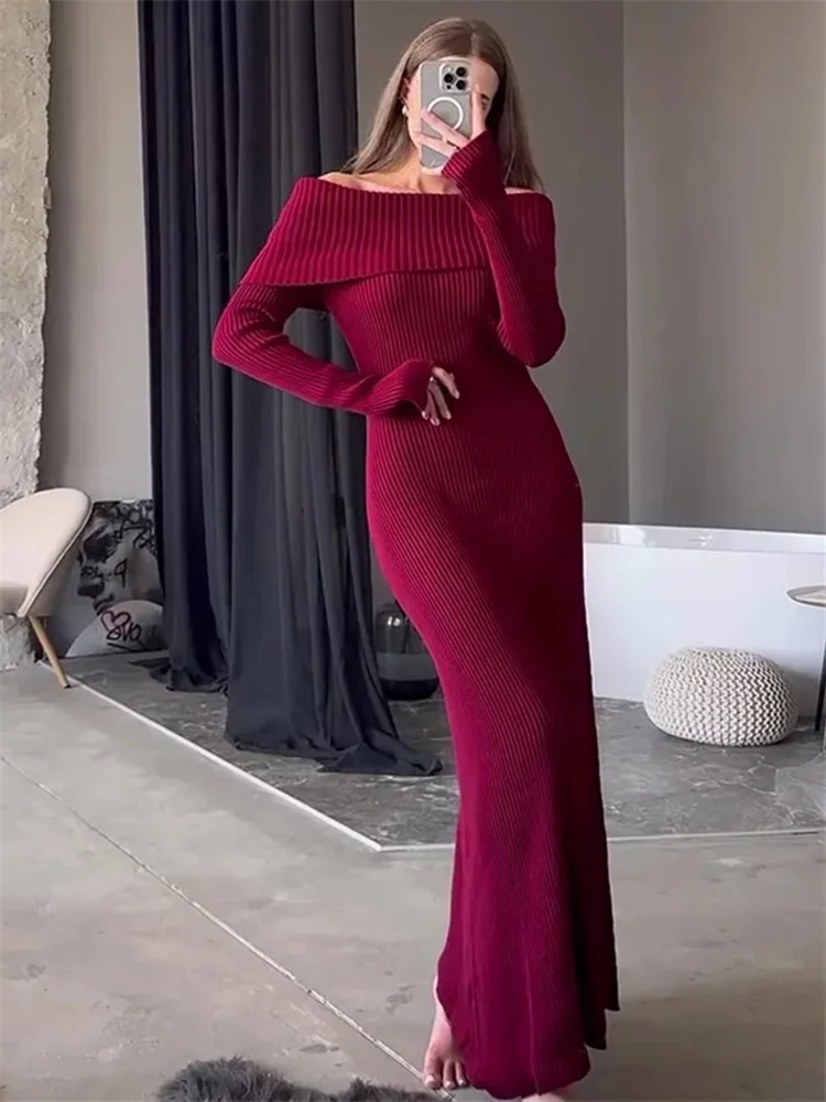 Fashion Knit Long Dress Off-Shoulder Female Ribbed Loose High Waist Elegant Autumn Party Dress Ladies Knitwear Maxi Dress