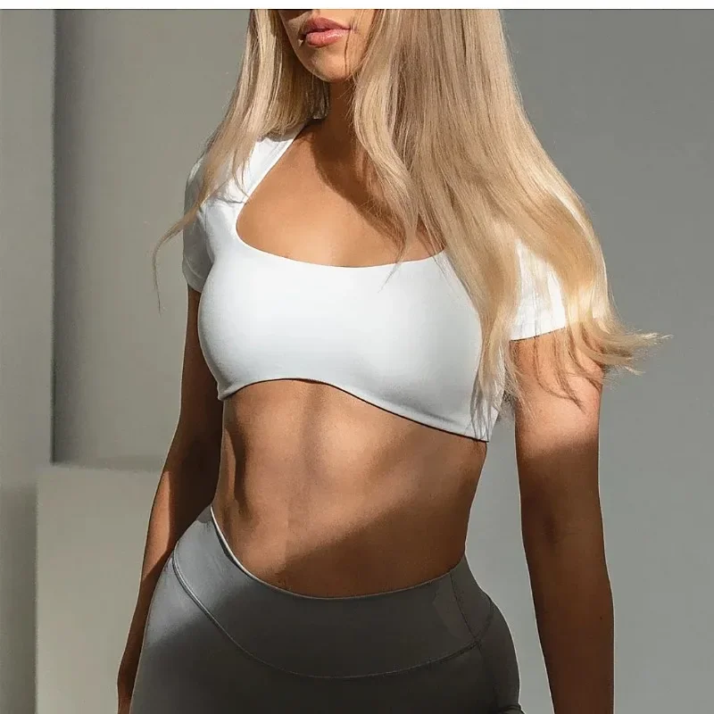 2024 Fitness Bra Short Sleeve Simple Shockproof Sports Curved Hem Yoga Shirt Slim Fit Crop Top Run Gym Shirts Women Active Wear 1
