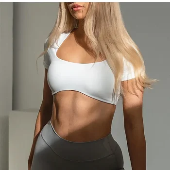 2024 Fitness Bra Short Sleeve Simple Shockproof Sports Curved Hem Yoga Shirt Slim Fit Crop Top Run Gym Shirts Women Active Wear 1