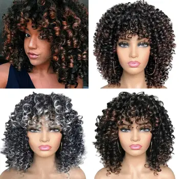 Curly Afro Blonde Wig With Bangs Shoulder Length Wigs Afro Kinkys Wigs Synthetic Curly Full Wig For Black Women 1