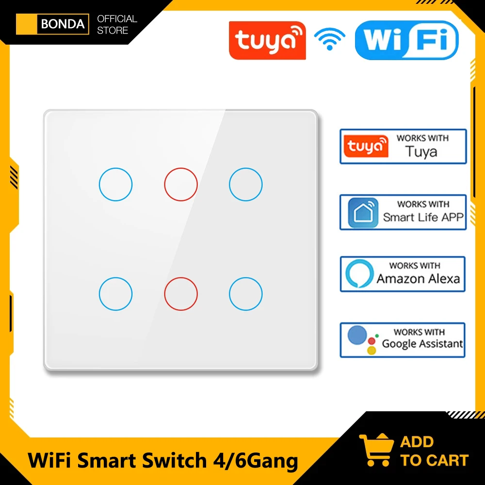 

Alexa Smart Switch Brazil Standard Tuya Control Works With Google WiFi Smart Home Switches Touch Screen Glass Panel 4/6 Gang