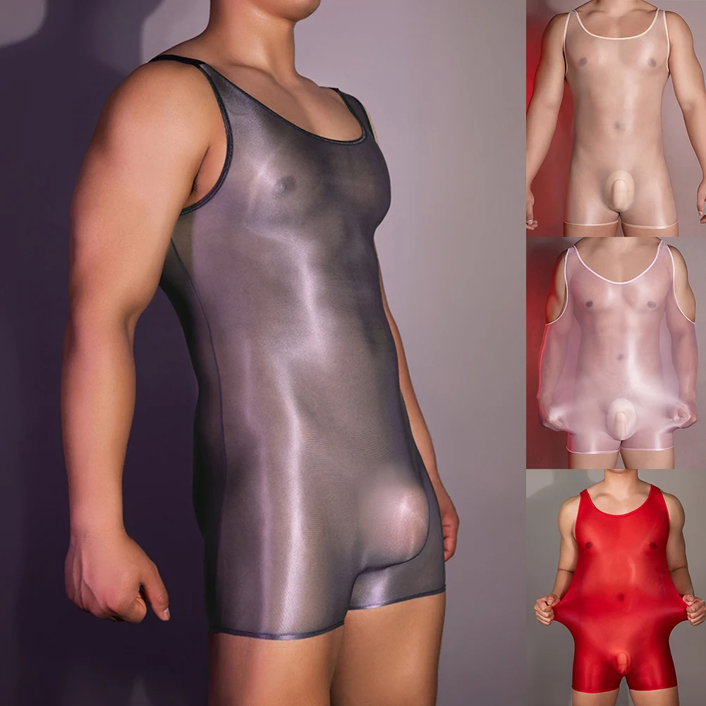 New Mens Daily Bodysuit Lingerie Fitness Glossy High Elastic Oil Shiny Sheer Sleeveless Slim Solid Classic Male Underwear