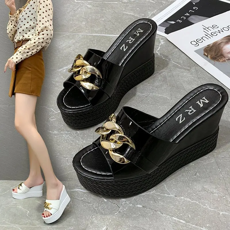 Slippers for Women Summer  Outdoor Platform Wedges Slides Ladies Chain High Heels Leisure Beach Slippers Chunky Sandals