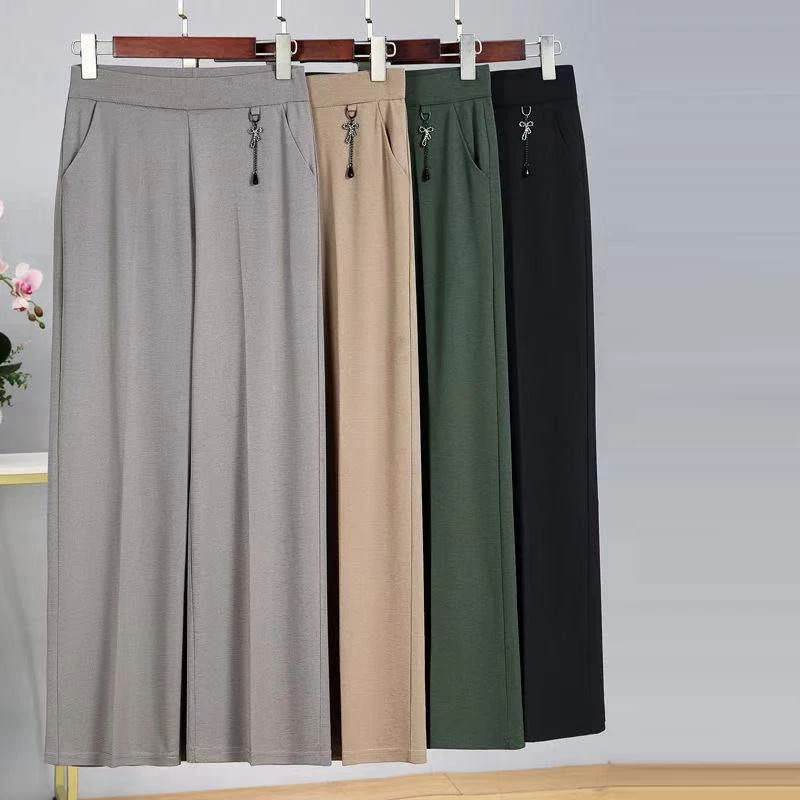 Casual Straight Pants Women 2023 Solid Colors Ice Silk Ankle-Length Pants Large Size 8xl Middle-Aged High Waist Baggy Trousers