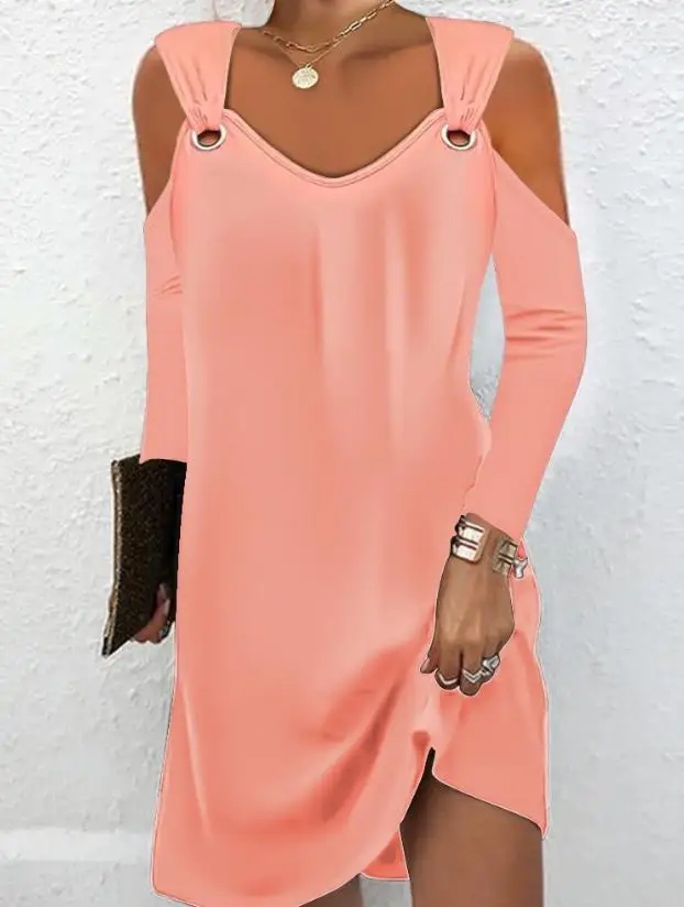 

Women Casual Long Sleeve Mini Daily Non-Stretch Cold Shoulder Eyelet Casual Dress