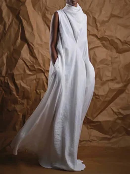 Abito lungo in lino senza maniche con scollo a V profondo da donna elegante Abito casual streetwear alla moda lungo e fluido 1