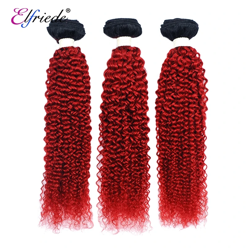 Elfriede T1B/Red Kinky Curly Ombre Colored Human Hair Bundles Remy Human Hair Extensions 3/4 Bundles Deals Wefts