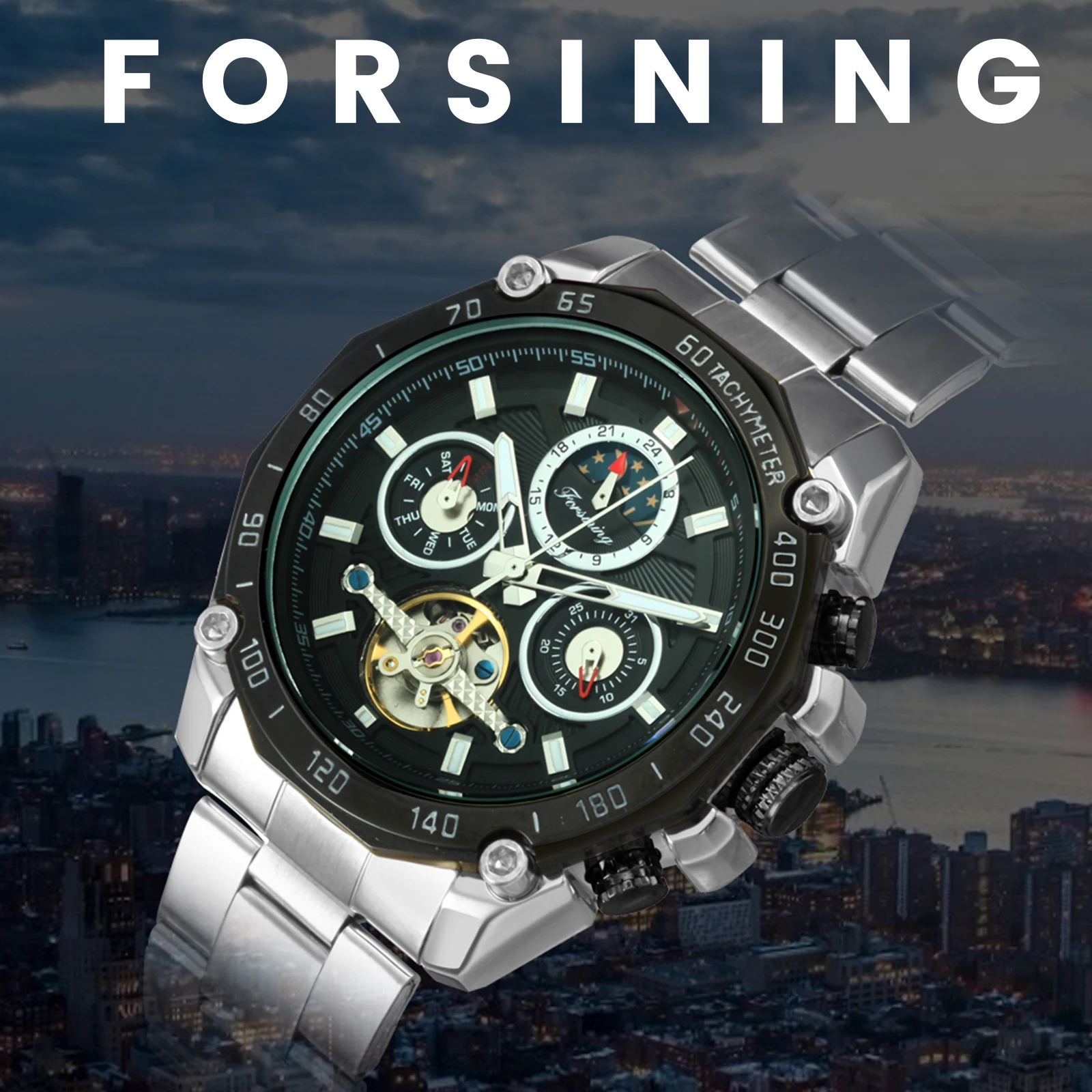 Forsining Tourbillon Watch Moon Phase Automatic Mechanical Watches Mens Multifunction Sport Wristwatches Steel Strap Relogio New