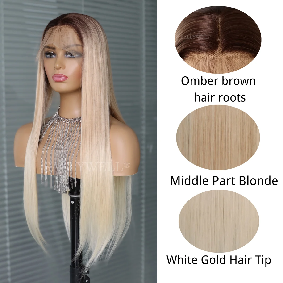 Ombre Blonde Lace Front Wig Long Straight Wig Brown to Dirty Blonde 3T Color Synthetic Heat Resistant Wig Pre Plucked