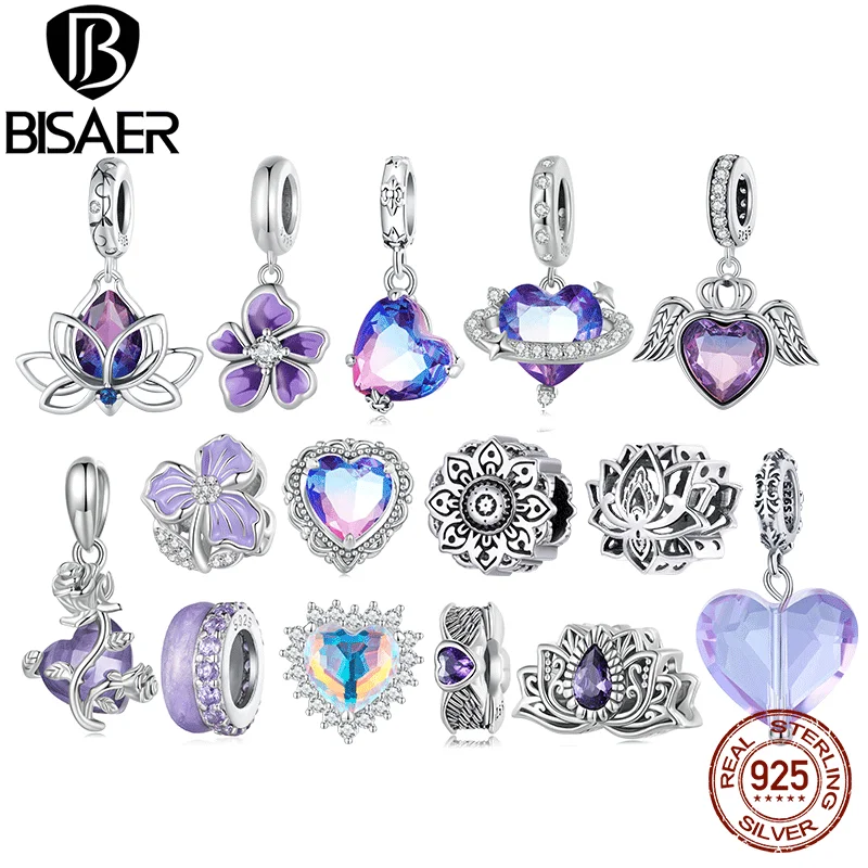 

BISAER 925 Sterling Silver Lotus Flower Charm Bead Gradient Purple Crystal Pendant Fit Women DIY Bracelet Necklace Fine Jewelry