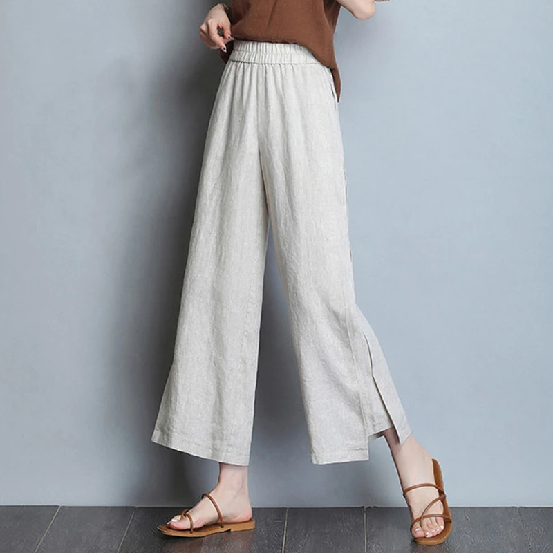 

Women's Cotton Linen Ankle-Length Pants Elastic Waist Casual Wide Leg Pants Streetwear Spring Summer Thin Vintage Trousers 4XL