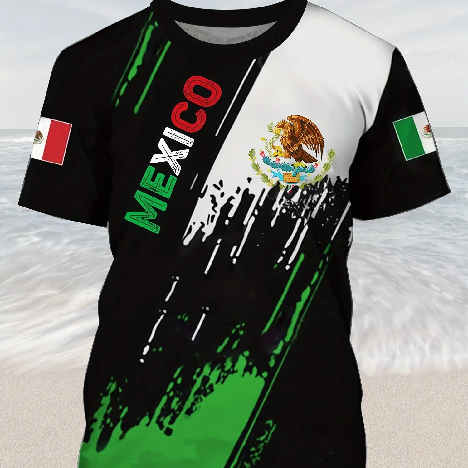 thumbnail image 1 of Camiseta con estampado de águila para hombre: cómoda, moderna y duradera, camiseta informal para todas las estaciones, diseño de moda, ropa de hombre de gran tamaño con la bandera de México, 1 of 4