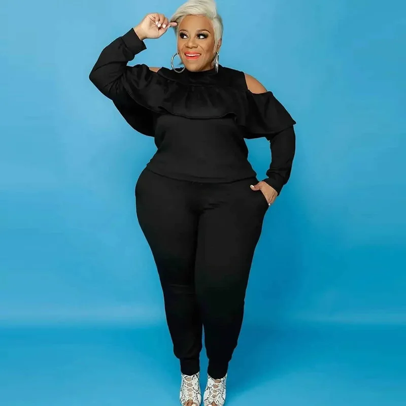 

2023 Autumn Women's Plus Size Fashion Leisure Suit Slim Shoulder-leakage Solid Color Coat Trousers Two-piece Tide