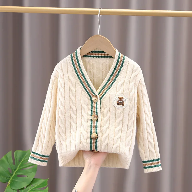 

New Boys and Girls Sweaters Bear Patern Knitted Cardigan Autumn Winter Cotton Patchwork Top Children's Spring Coat Clothes 3-12Y