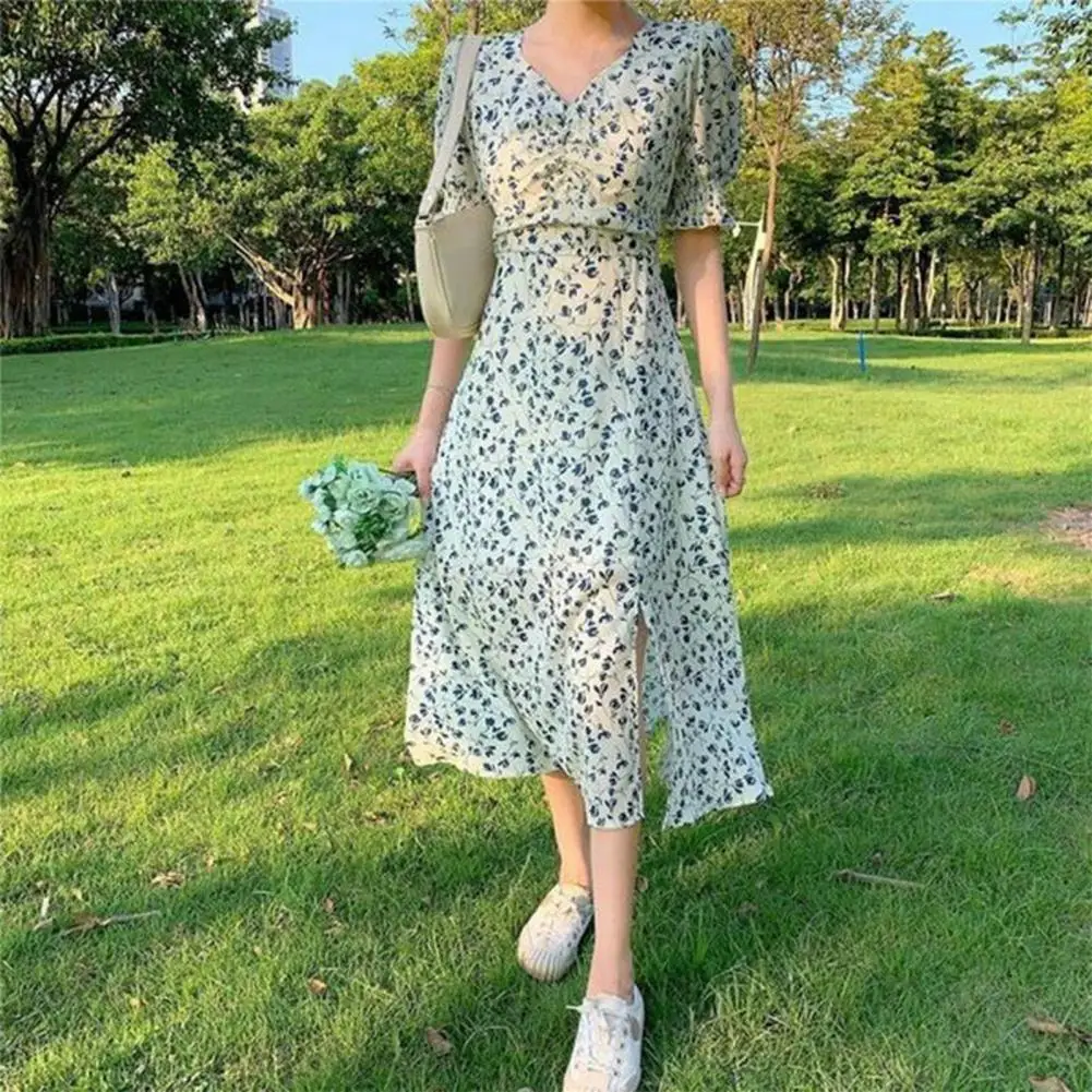 Women Summer Vintage Flower V Neck Dress