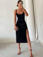 Velvet Swing Collar Sleeveless Slip Maxi Dress Evening Party
