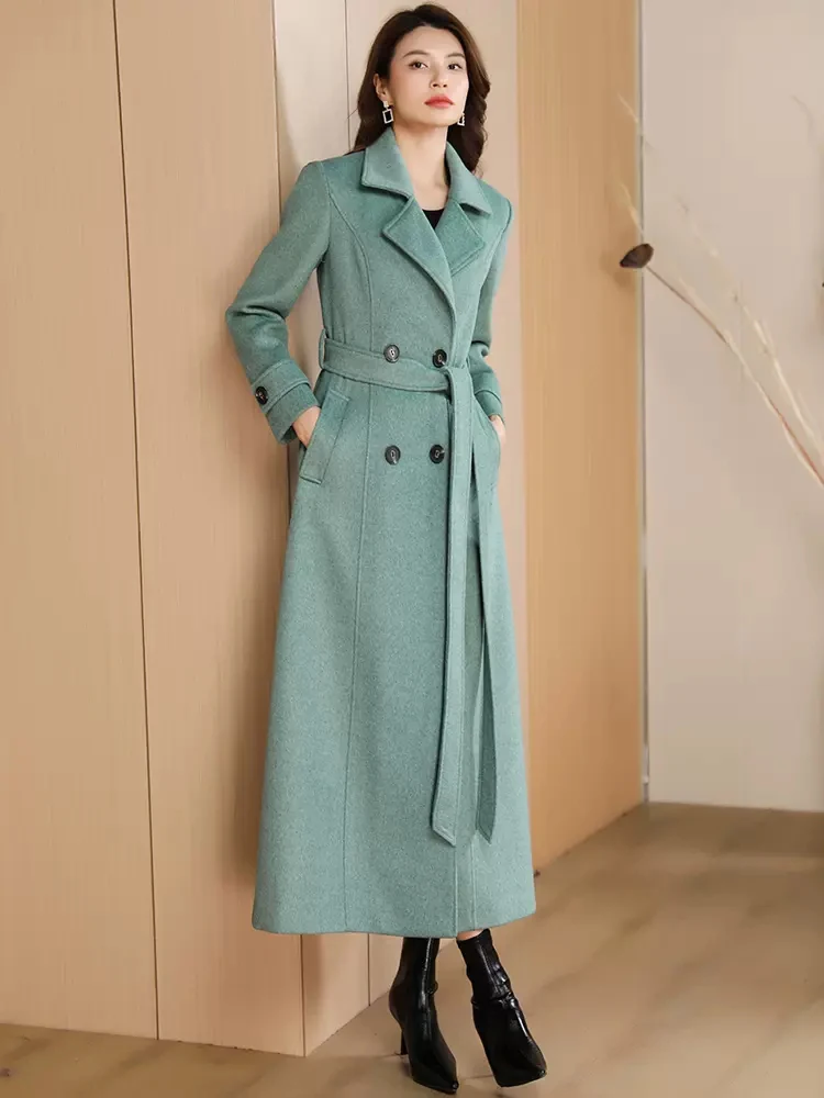 New Women Autumn Winter Light Cyan Wool Blended Overcoat Elegant Fashion Suit Collar Double Breasted Long Slim Woolen Coat
