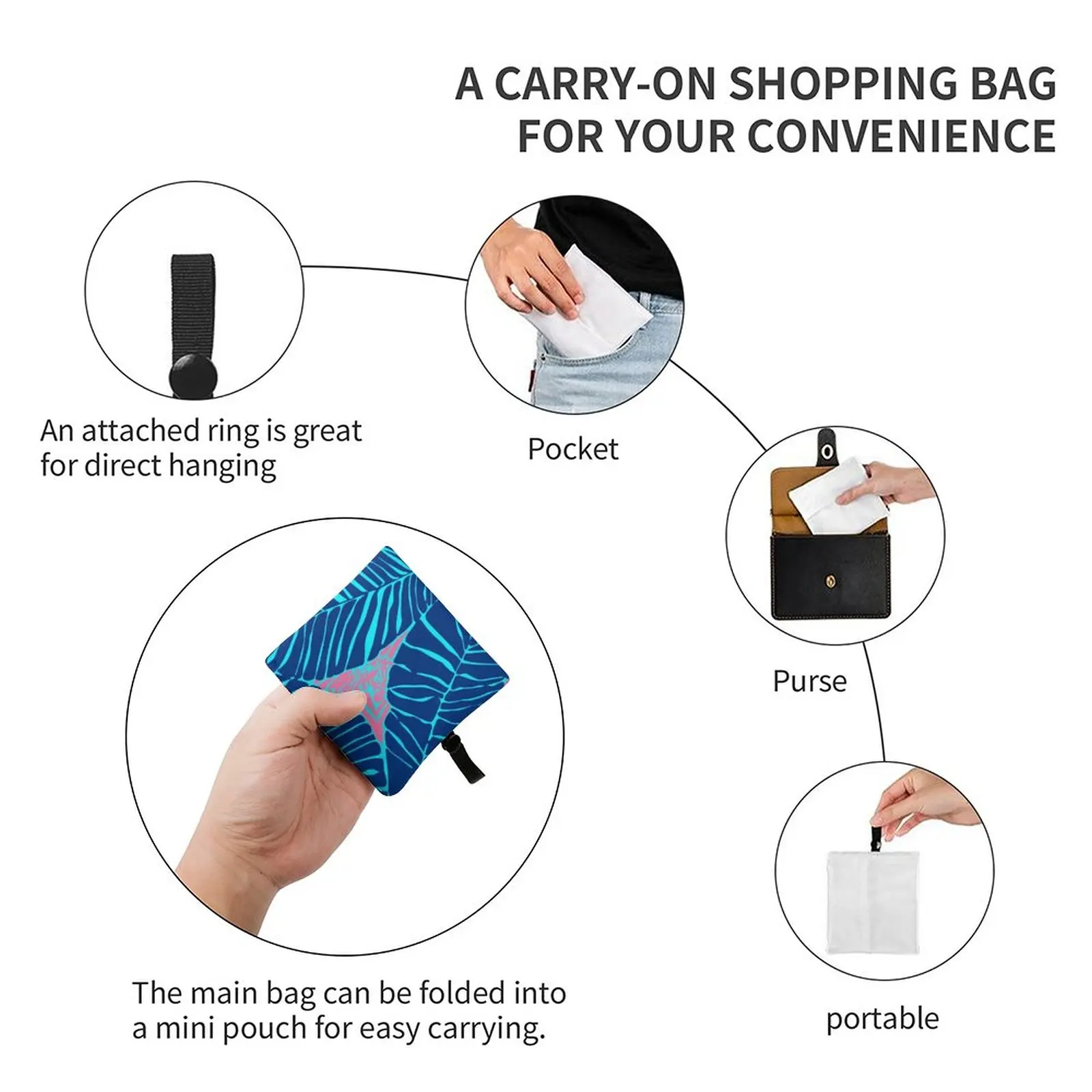 Lightweight Folding Shopping Bag Painted Blue Patterned Fashionable Shopper Totebag Reusable Grocery Supermarket Satchel Bag