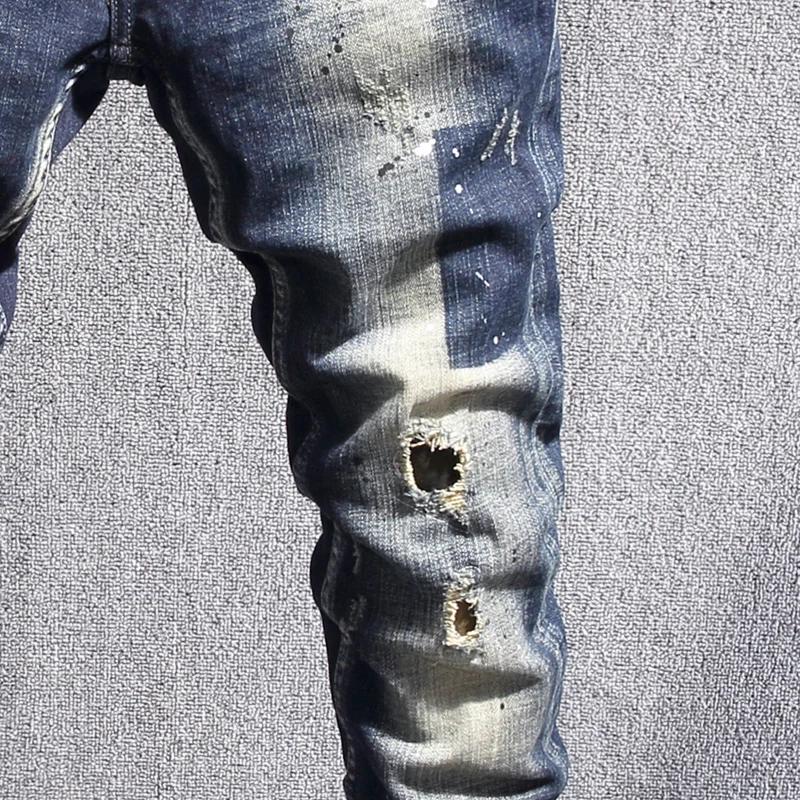 Street Fashion Men Jeans Retro Black Blue Stretch Slim Ripped Jeans Men Hole Trousers Vintage Designer Casual Denim Pants Hombre