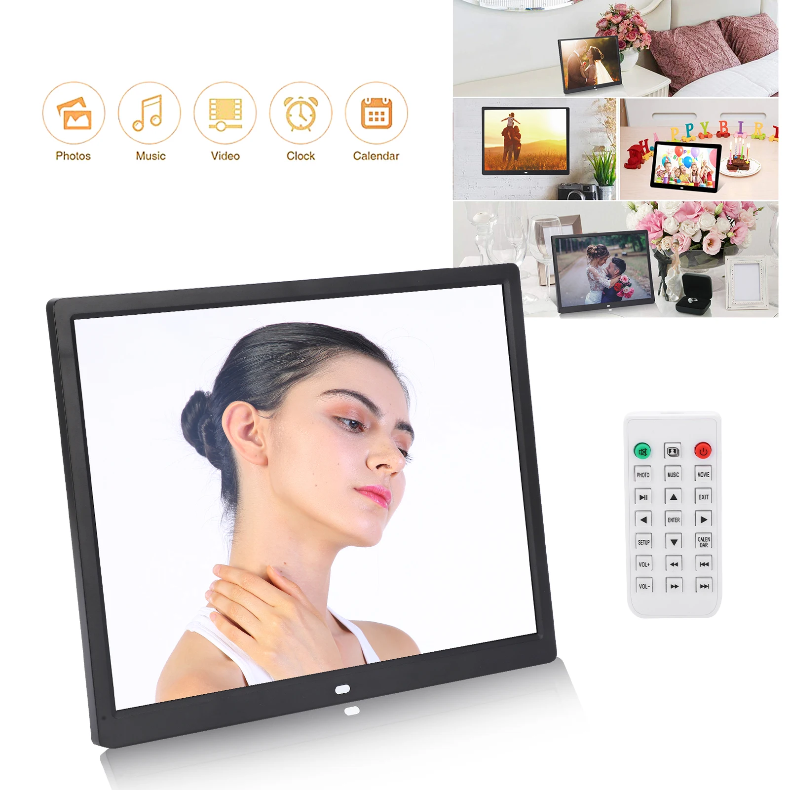 【New】15in HD Digital Photo Frame 1024x768 Resolution Support MP3/MP4/Image Playback Digital Photo Frame with Remote Controller