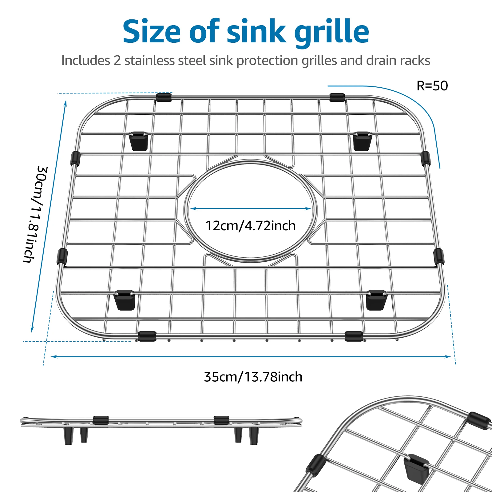 2Pcs Sink Grid Stainless Steel Sink Protectors Effective Protection Drainage Racks with Rubber Padded Feet Easy to Clean
