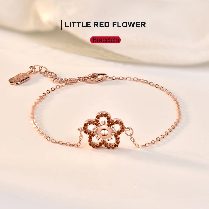 

New Arrival 925 Sterling Silver Rose Gold Bracelet Give You A Red Flower Girls Jewelry Bracelets Birthday Anniversary Fine Gift