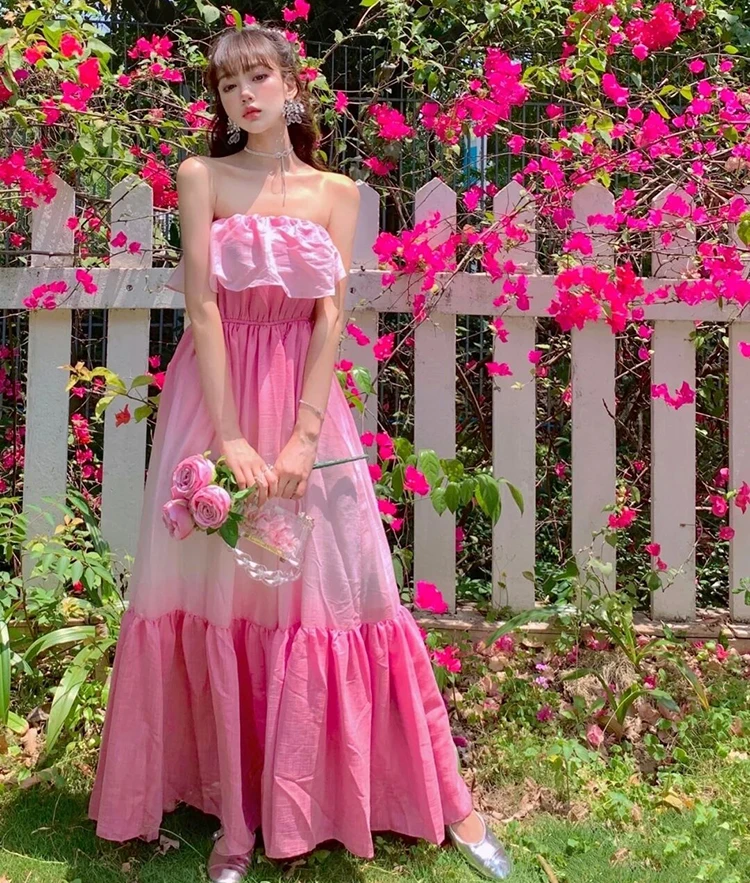 

Women's Lovely Gradient Pink Dress Summer Party Holiday Beach Long A Line Dress Lady Ruffle High Waist Vestido