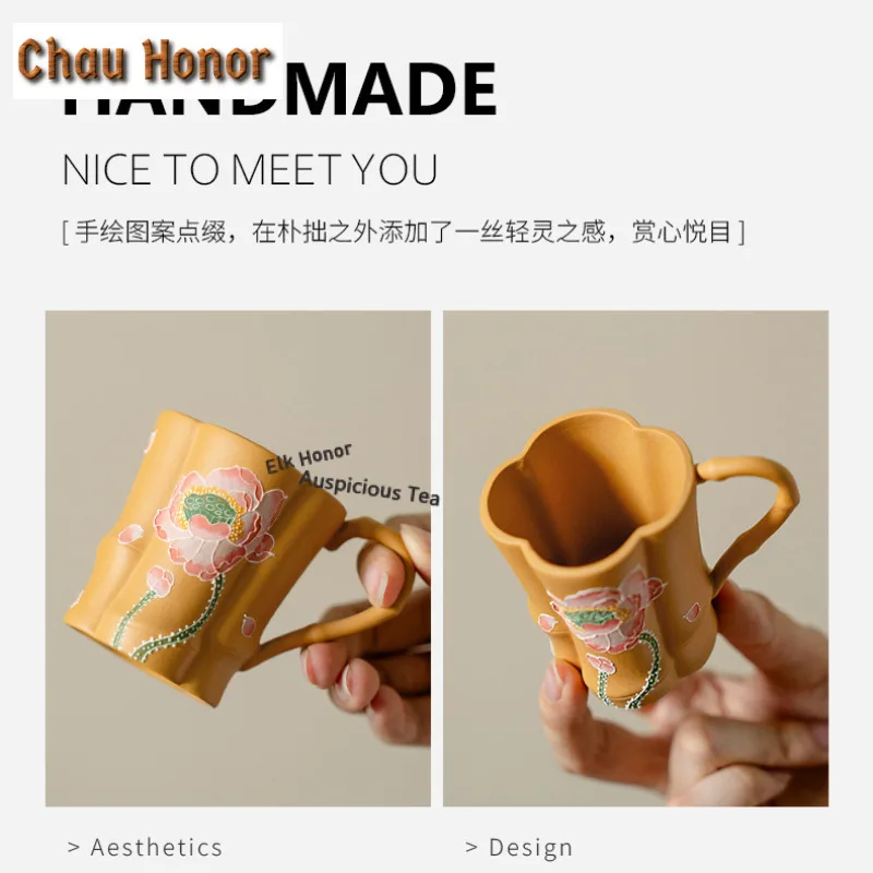90ml Hand-painted Lotus Flowers Zisha Teacup Tea Bowl Beautiful Handle Cup Tea-tasting Meditation Cup Jianzhan Master Cups Gift