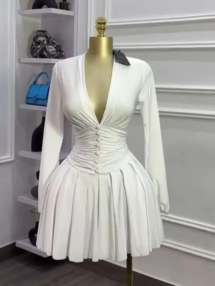 Wmstar Dresses Women Wholesale Solid Women's Pleated Deep V Neck Long Sleeved Dress with A New Style Skirt Women Clothing