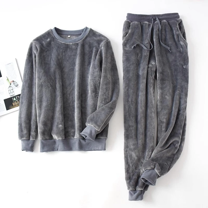 Winter Flannel Couple Pajamas Thickened Fleeced Warm Round Neck Pullover Women Men Home Sleepwear Fall Solid Casual Pyjama Suit