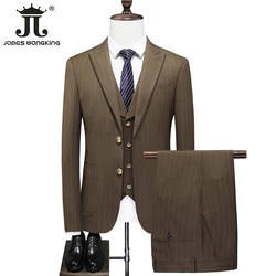 ( Jacket + Vest + Pants ) High-end Brand Formal Business Men's Suit Three-piece Groom Wedding High-end Brand Luxury Striped Suit