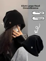 Large Head Size Knitted Cold Cap Metal Label Autumn Winter Women Loose plus Size Knit Hat Head Cover Tassel Trendy Cap