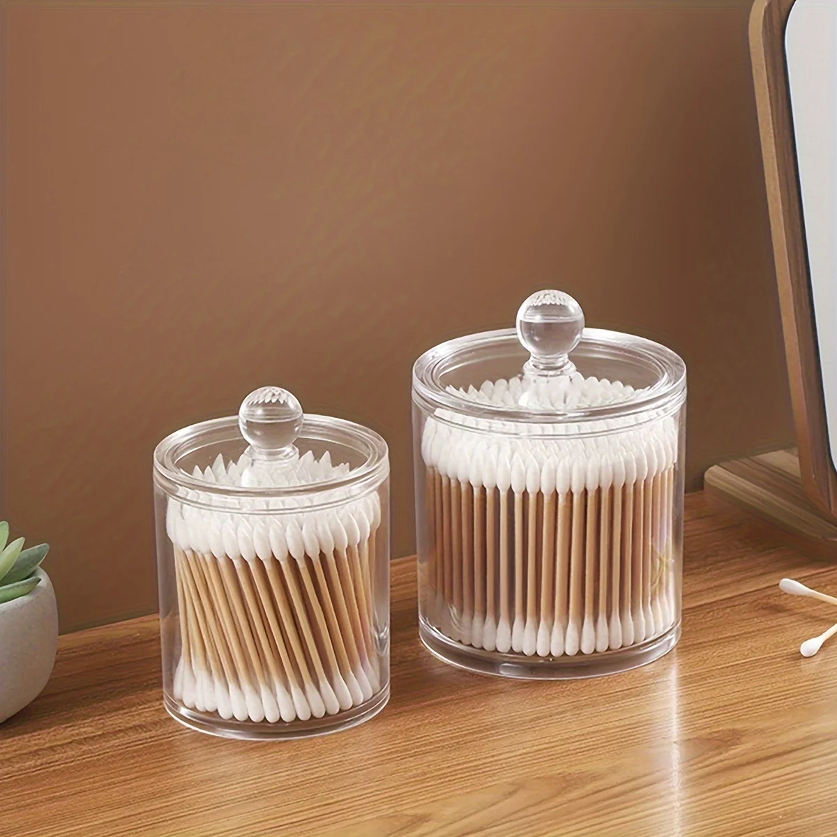 1pc Clear Apothecary Qtip Storage Jar With Bamboo Lids Vanity Makeup Organizer Storage Containers For Swab Ball Pads