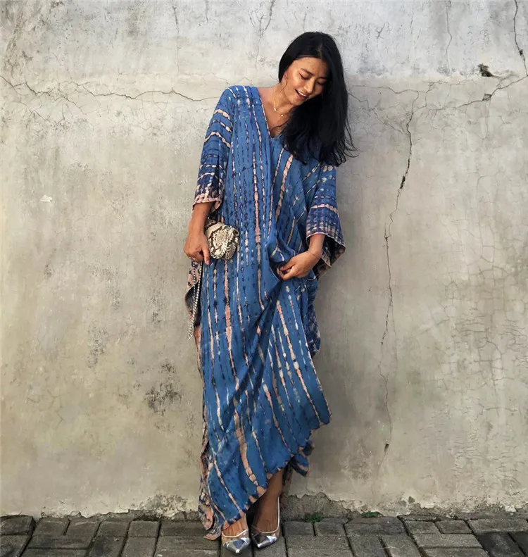Fashion Casual Striped Print Long Dresses Women Bohemian V-neck Bat Sleeve Loose Slit Beach Dress Summer New Beachwear Vestidos 174 Fashion Casual Striped Print Long Dresses Women Bohemian V-neck Bat Sleeve Loose Slit Beach Dress Summer New Beachwear Vestidos