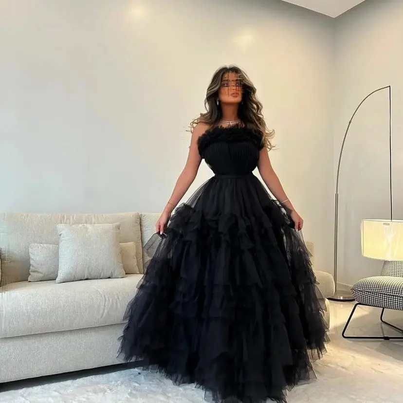 

Strapless Evening Dress Floor Length New Tulle Prom Dresses Black Pleat Tiered Celebrity Formal Party Dresses