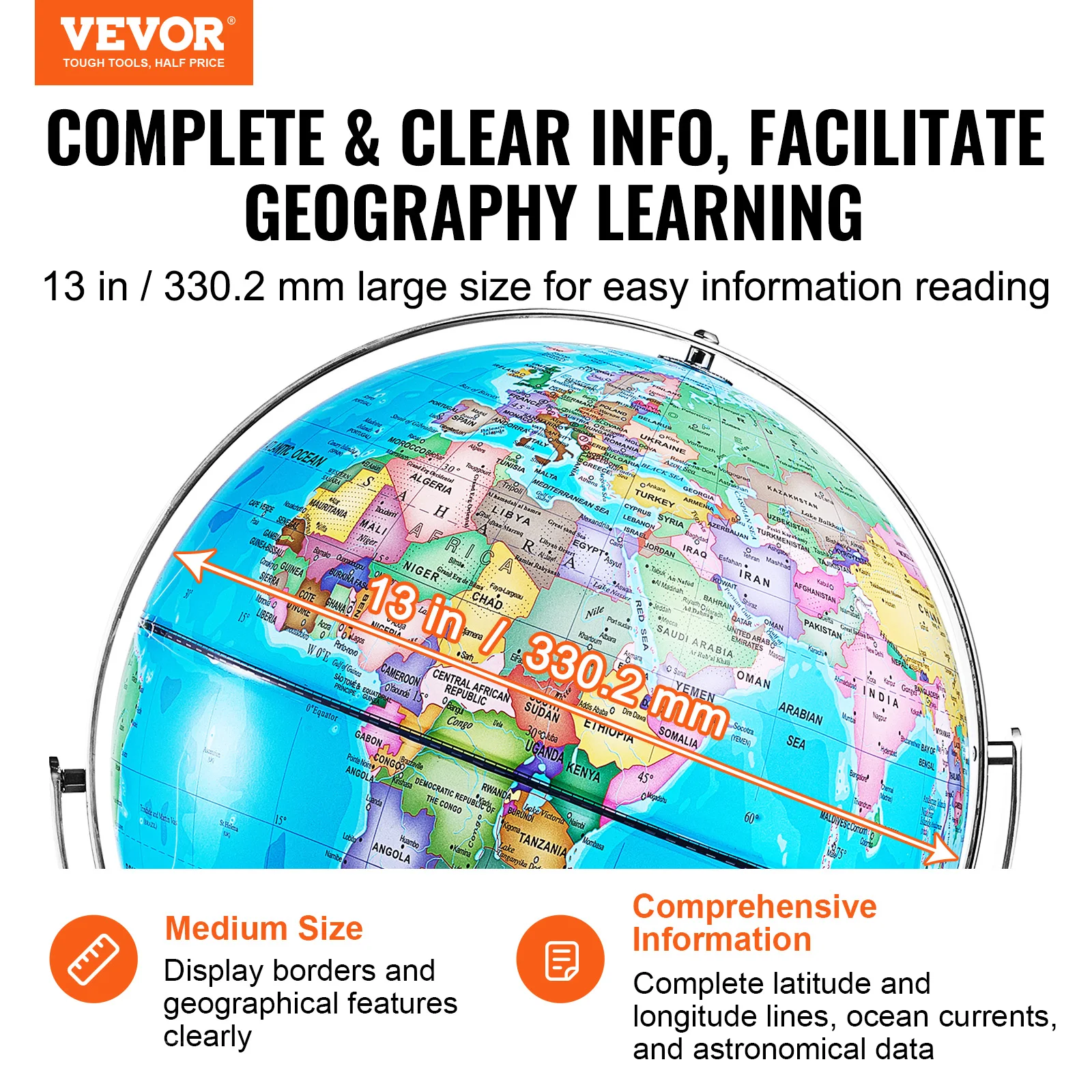 SucceBuy Rotating World Globe with Stand 13 in/330.2mm Precise Time Zone ABS Material 720&deg; Spinning for Kids Geography Education