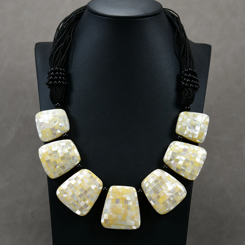 

G-G Natural White Yellow Sea Shell Pearl Black Onyx Necklace Handmade For Women