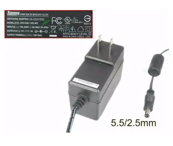 

Laptop Power Adapter, SYS1428-1505-W2, 5V 3A, Barrel 5.5/2.5mm, US 2-Pin Plug