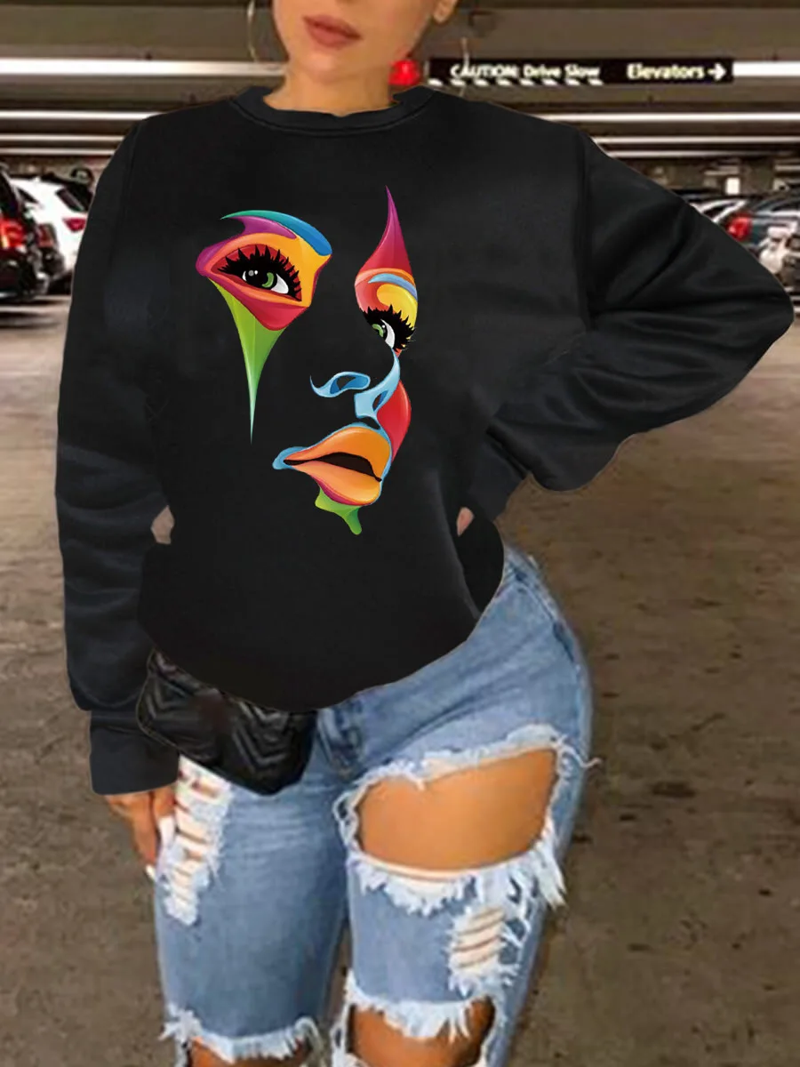 Autumn and Winter New Womenswear Print Long Sleeves, Round Neck Casual Loose Sweatshirt Winter Clothes Women