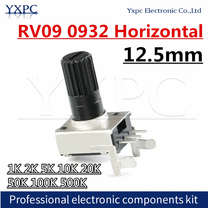 10pcs RV09 Horizontal 12.5mm Shaft 3pin Potentiometer B102 1K 2K 5K 10K 20K 50K 100K 500K B103 B503 0932 Adjustable Resistor 10pcs rv09 vertical 12 5mm shaft 1k 2k 5k 10k 20k 50k 100k 1m 0932 b103 adjustable resistor 0932 3pin seal rotary potentiometer