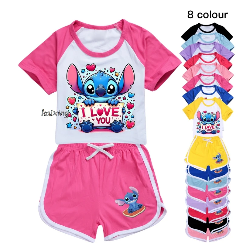 New Lilo And Stitch Girls Boys Clothing Set Kids Sports T shirt+Shorts Set Children Clothing Casual Comfort outfits Pyjamas Gift 3