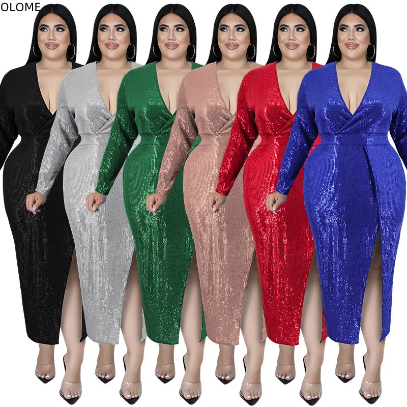 

Woman Party Dress Big Size Cothing Autumn Sequins Long Sleeves V Neck Sexy Split Club Birthday Dress Christmas Gowns