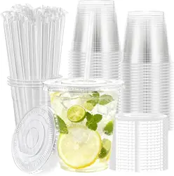 Crystal Clear 12oz Disposable Cups with Lids and Straws - 100pcs (Clear Flat)