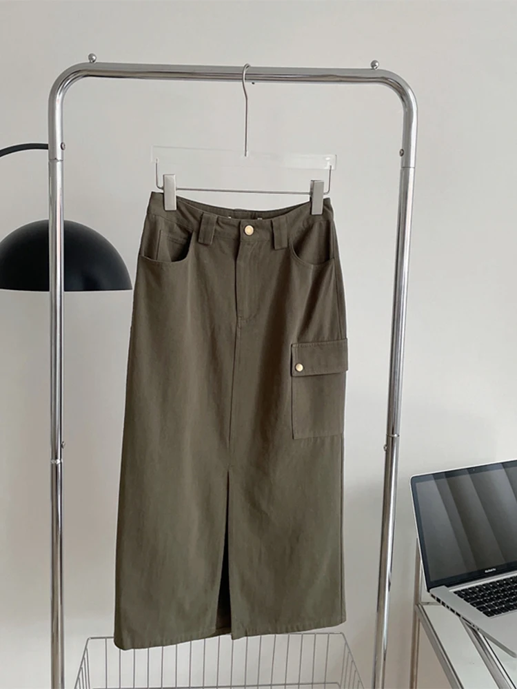 

Autumn Winter Women New High Waist Vintage Solid Color Skirt Loose Straight Cylinder Classic Harajuku Split Female Basic Skirts